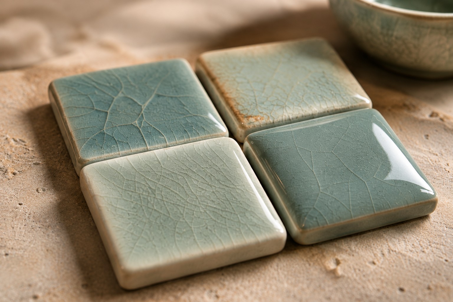 Four celadon glaze test tiles showing subtle variations of blue-green