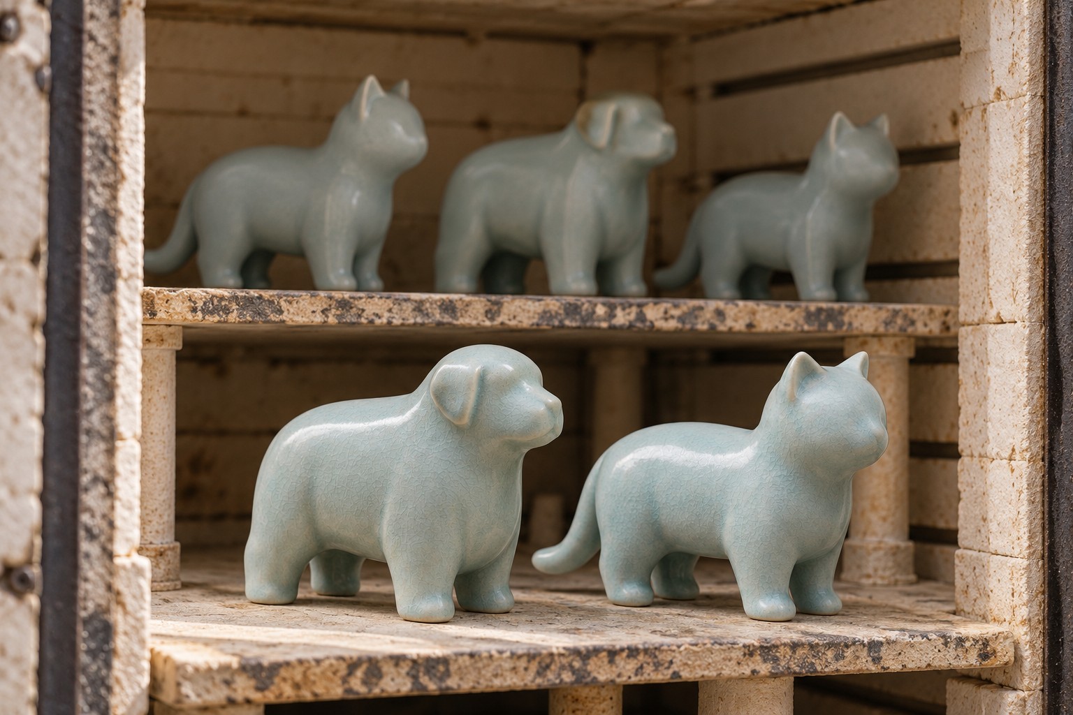 Five celadon dog and cat figures resting on the shelves of a kiln after firing