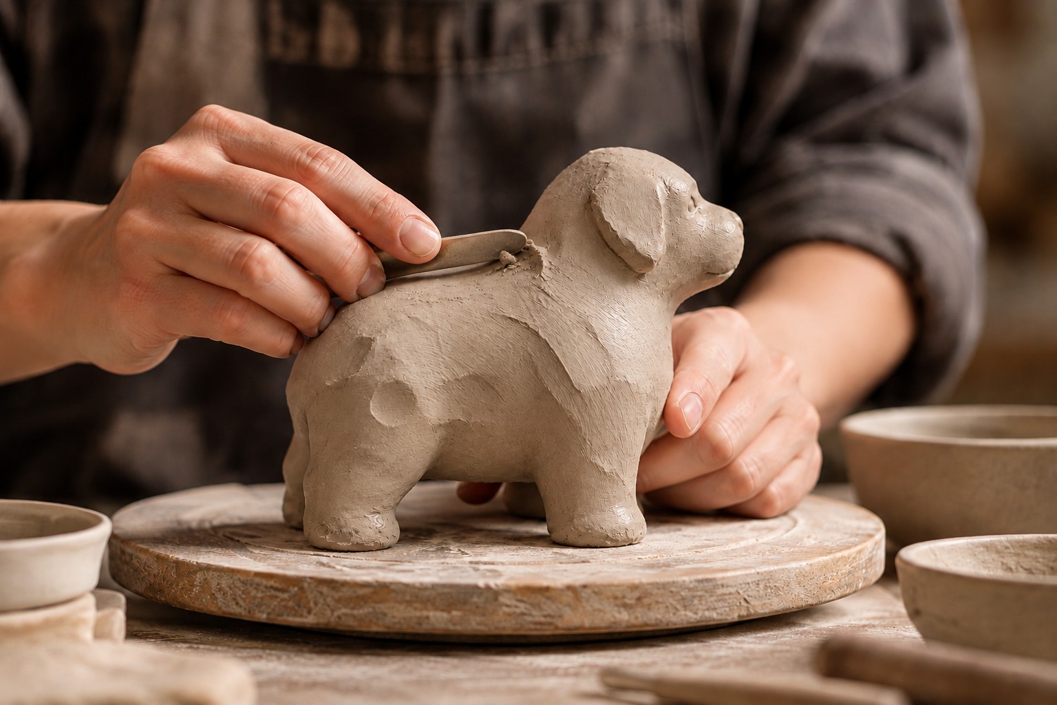 Hands shaping clay with a wooden tool on a turntable