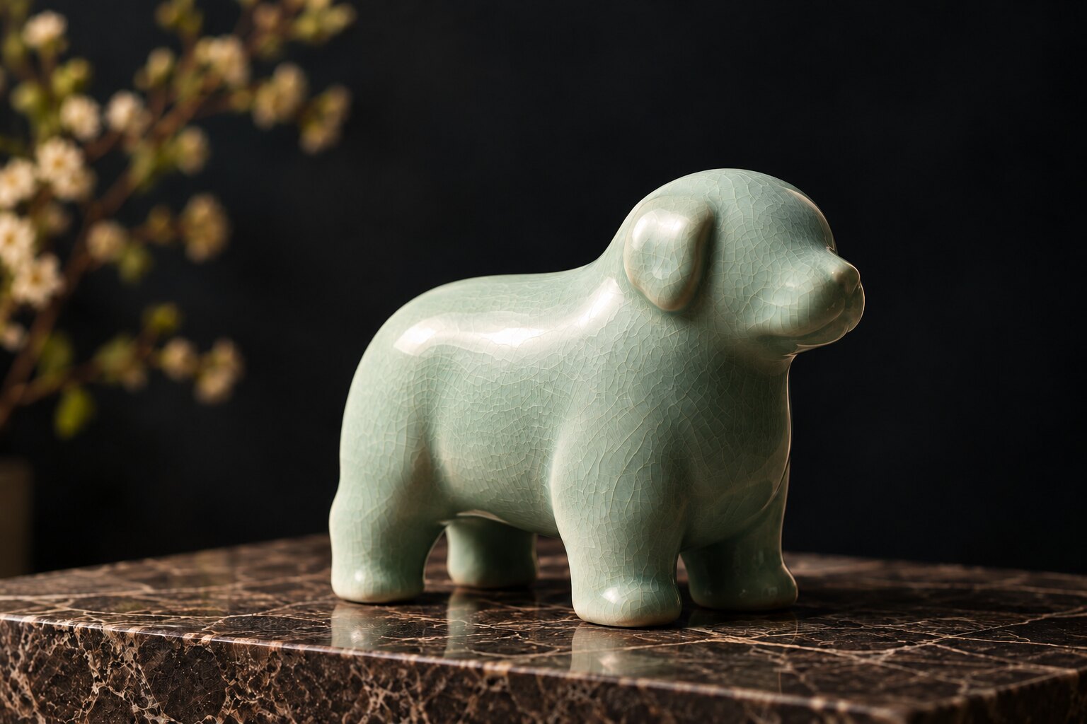 MIST urn for a dog, a celadon ceramic dog figure on dark brown marble