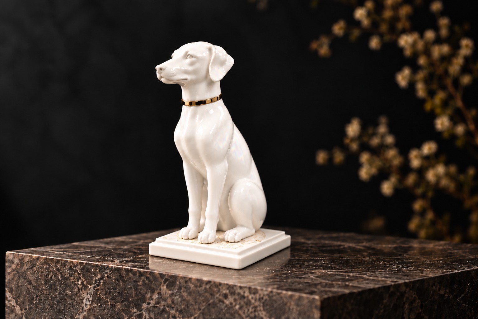 A white ceramic sculpture of a seated dog with a gold collar on an engraved plinth, on a dark stone block against a deep blue-black background